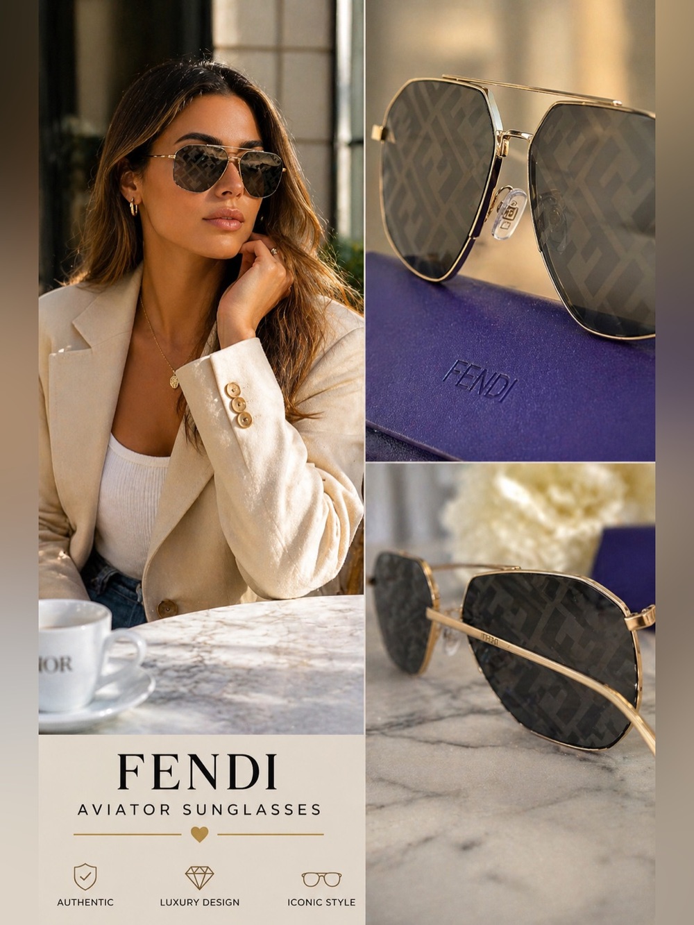 FENDI Aviator Sunglasses | Gold Frame + FF Monogram Lens